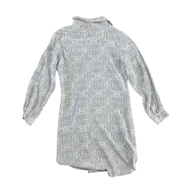 Lauren Gold 100% Silk White Button Down Shirt Dress Blue Geometric Print Size L - Picture 2 of 10